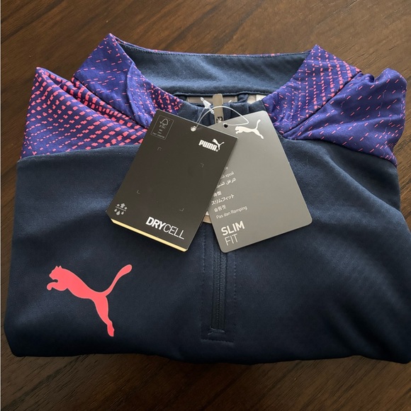 Puma Other - Puma Slim Fit Navy Zip Shirt with Pink Puma Logo and Pink Accent Pattern